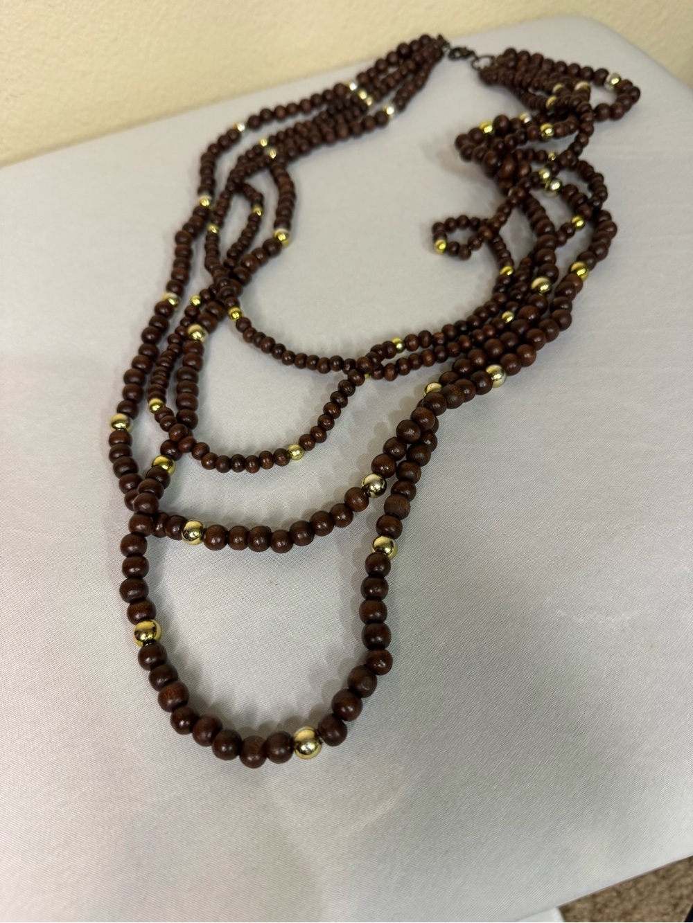 Multi-Strand Brown Wood and Gold Bead Necklace